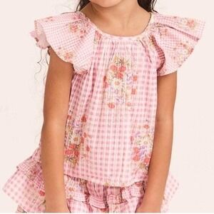 LoveShackFancy Girls 10Y Gingham‎ Floral Flutter Sleeve Top Pink White